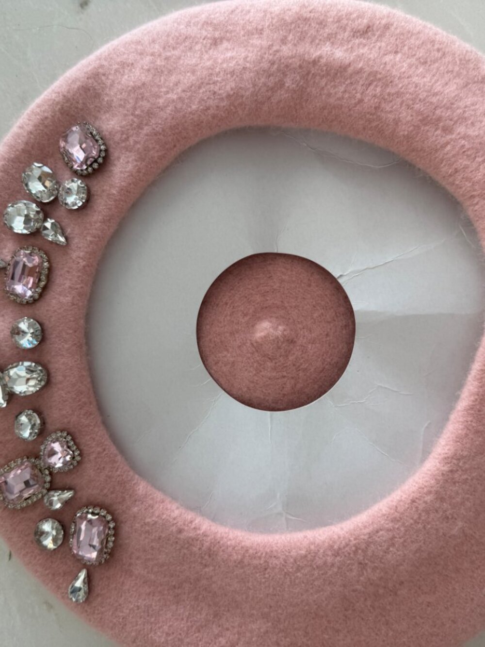 Women's Pink Wool French Beret Embellished Crystal Rhinestone Jewels Parisian